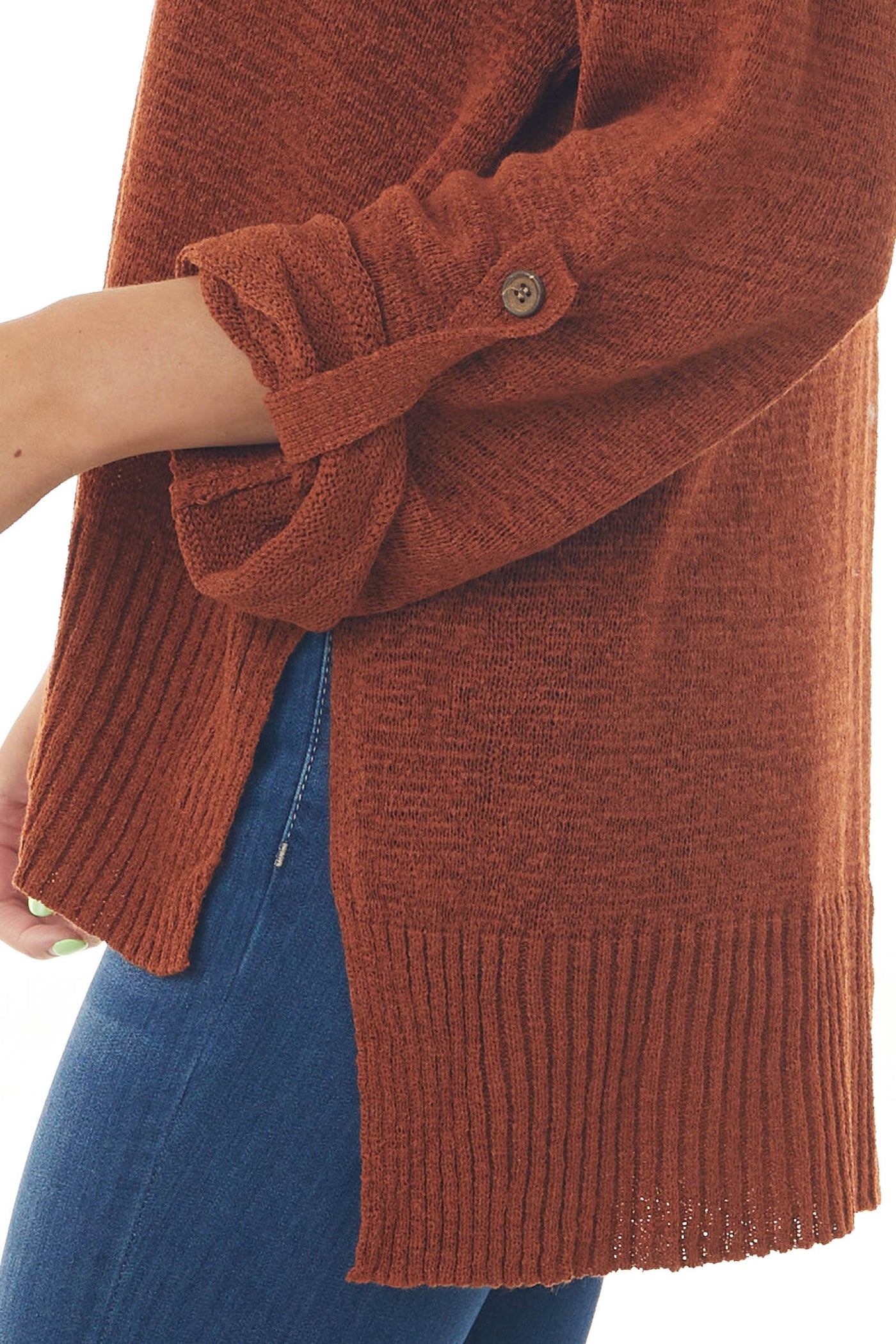 Rust Button Up Rolled Cuff Loose Knit Sweater