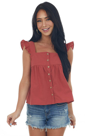 Rust Button Up Square Neck Ruffle Tank Top