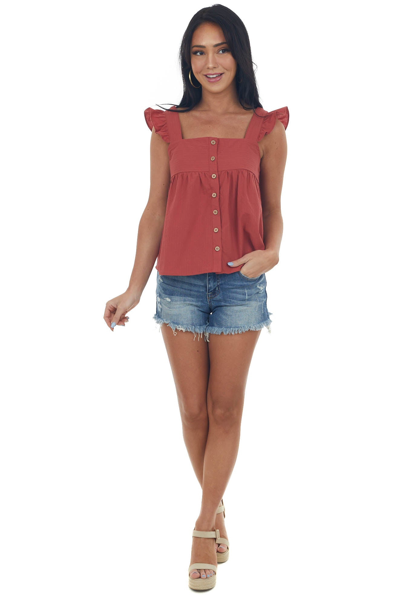 Rust Button Up Square Neck Ruffle Tank Top