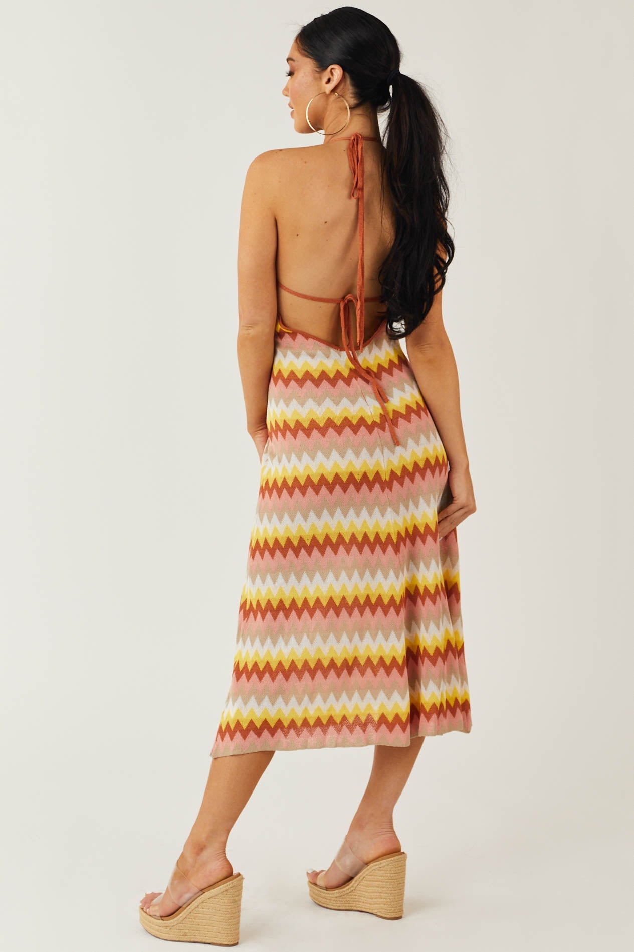 Rust Chevron Halter Neck Tie Strap Knit Dress