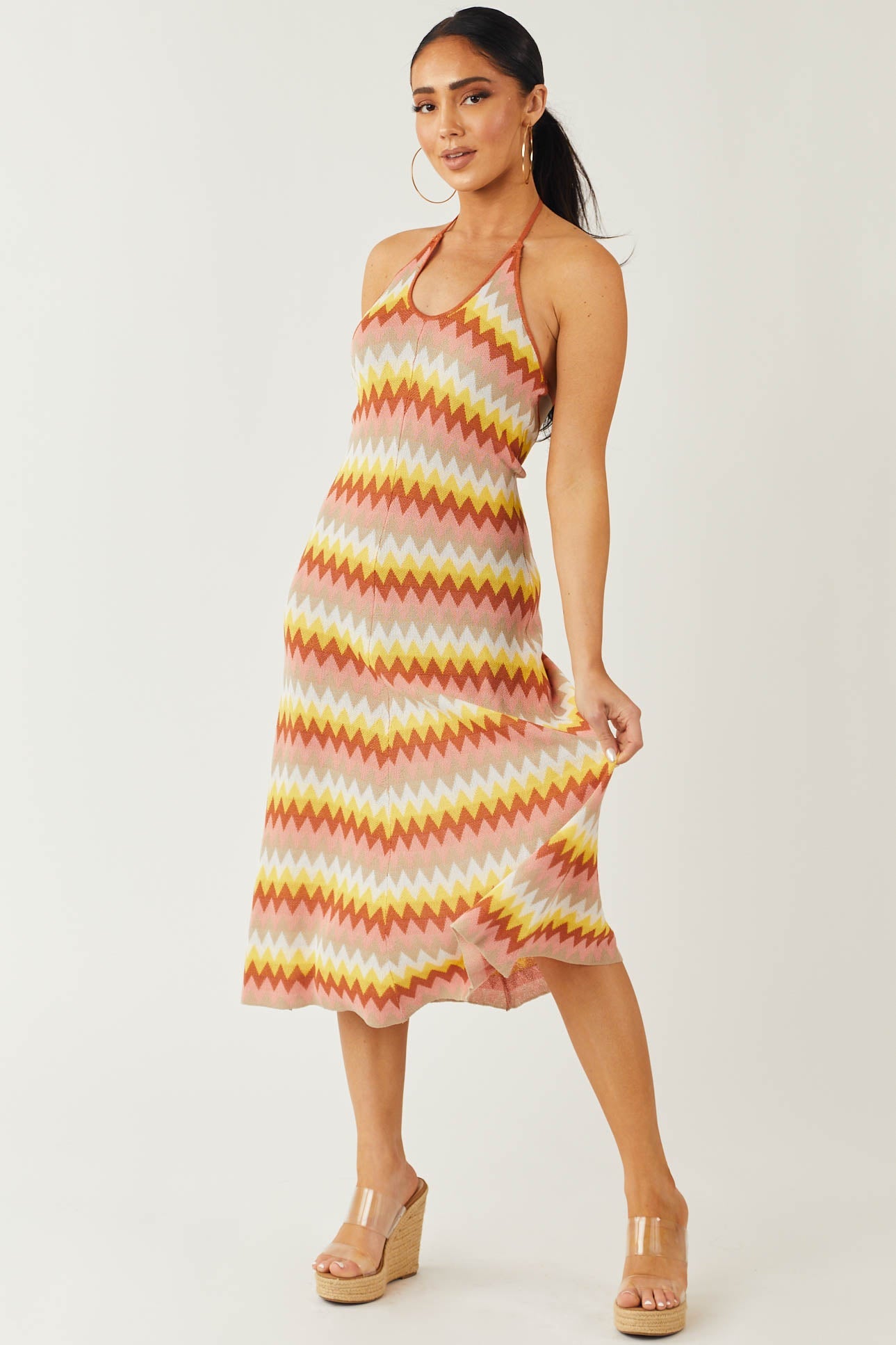 Rust Chevron Halter Neck Tie Strap Knit Dress