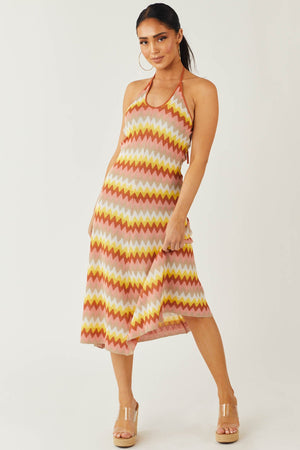 Rust Chevron Halter Neck Tie Strap Knit Dress