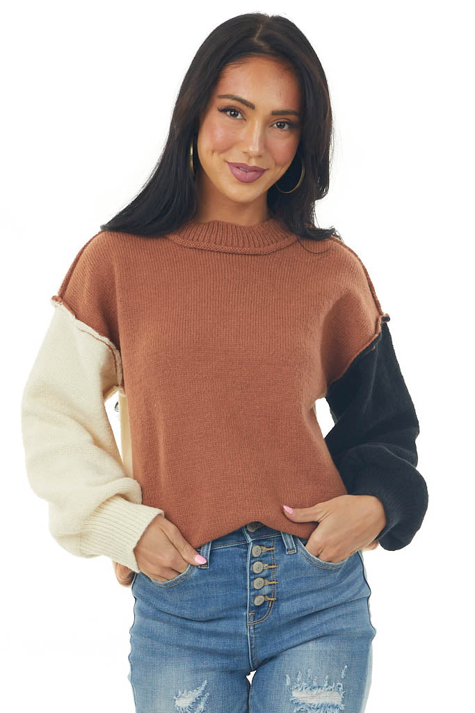 Rust Colorblock Mock Neck Knit Sweater