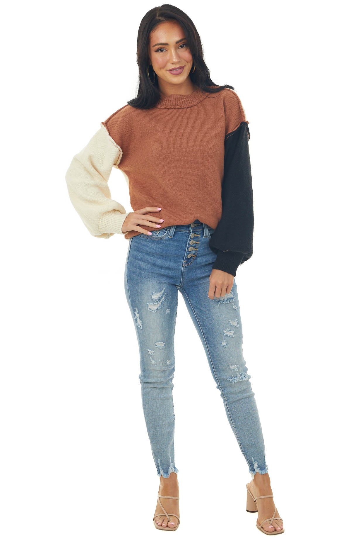Rust Colorblock Mock Neck Knit Sweater
