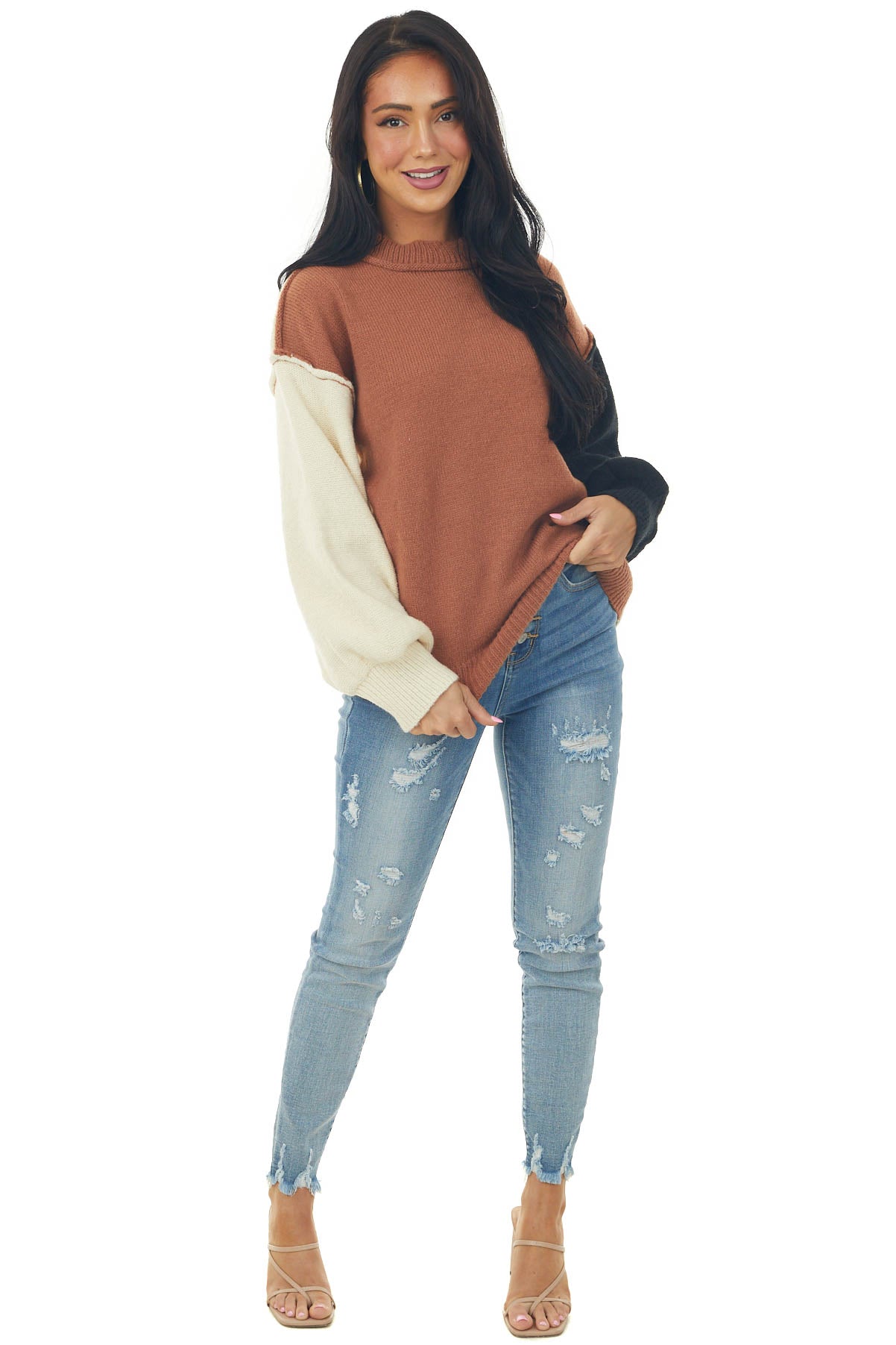 Rust Colorblock Mock Neck Knit Sweater