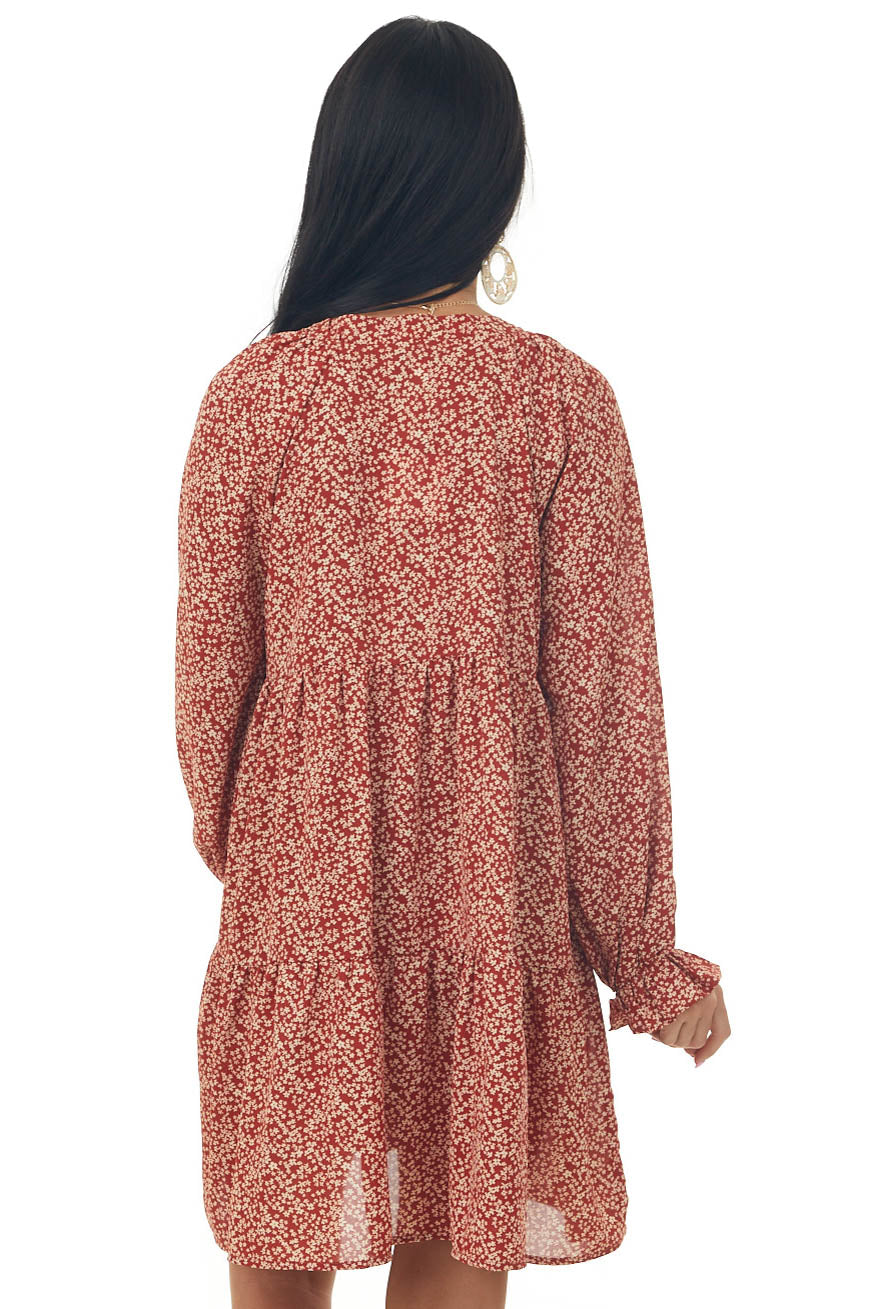 Rust Ditsy Floral Bubble Sleeve Peasant Dress
