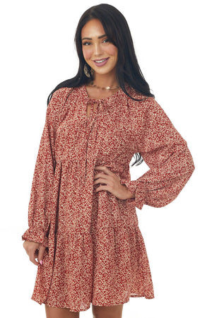 Rust Ditsy Floral Bubble Sleeve Peasant Dress