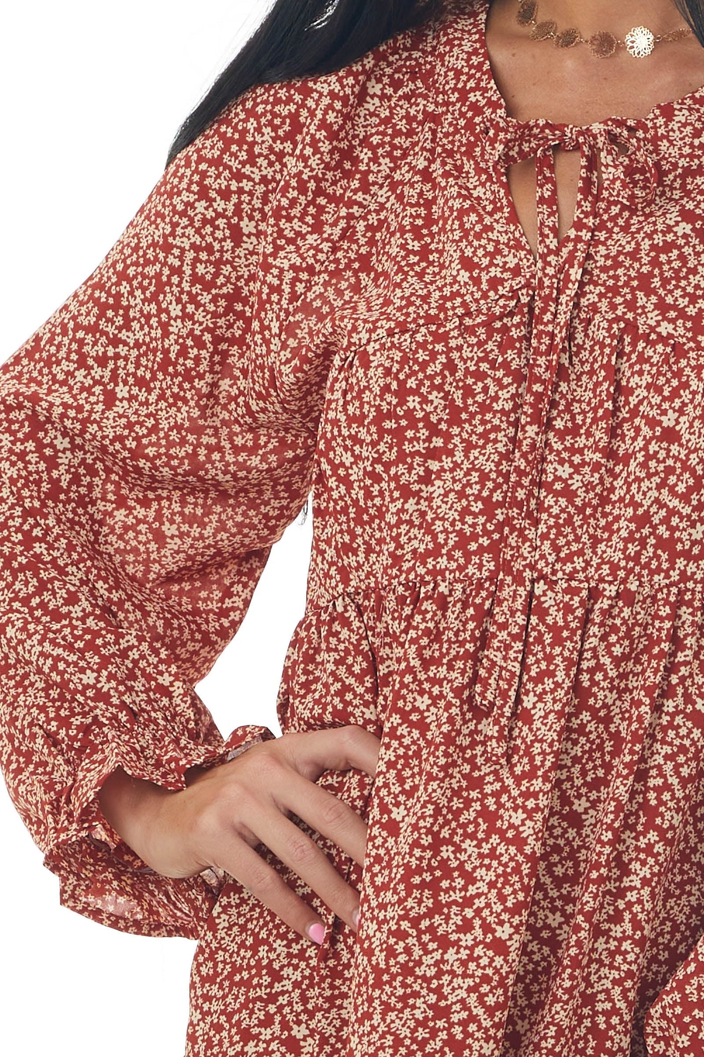 Rust Ditsy Floral Bubble Sleeve Peasant Dress