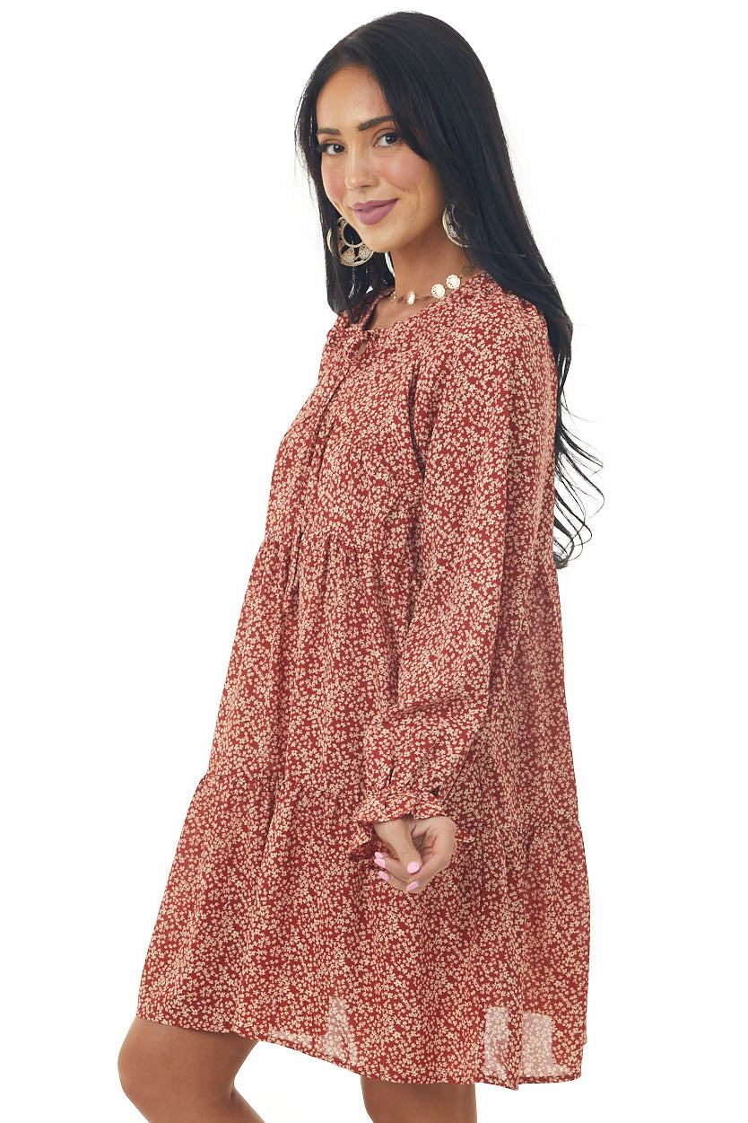 Rust Ditsy Floral Bubble Sleeve Peasant Dress