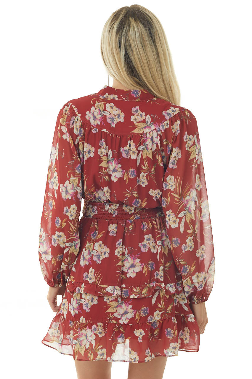 Rust Floral Keyhole Front Bubble Sleeve Dress