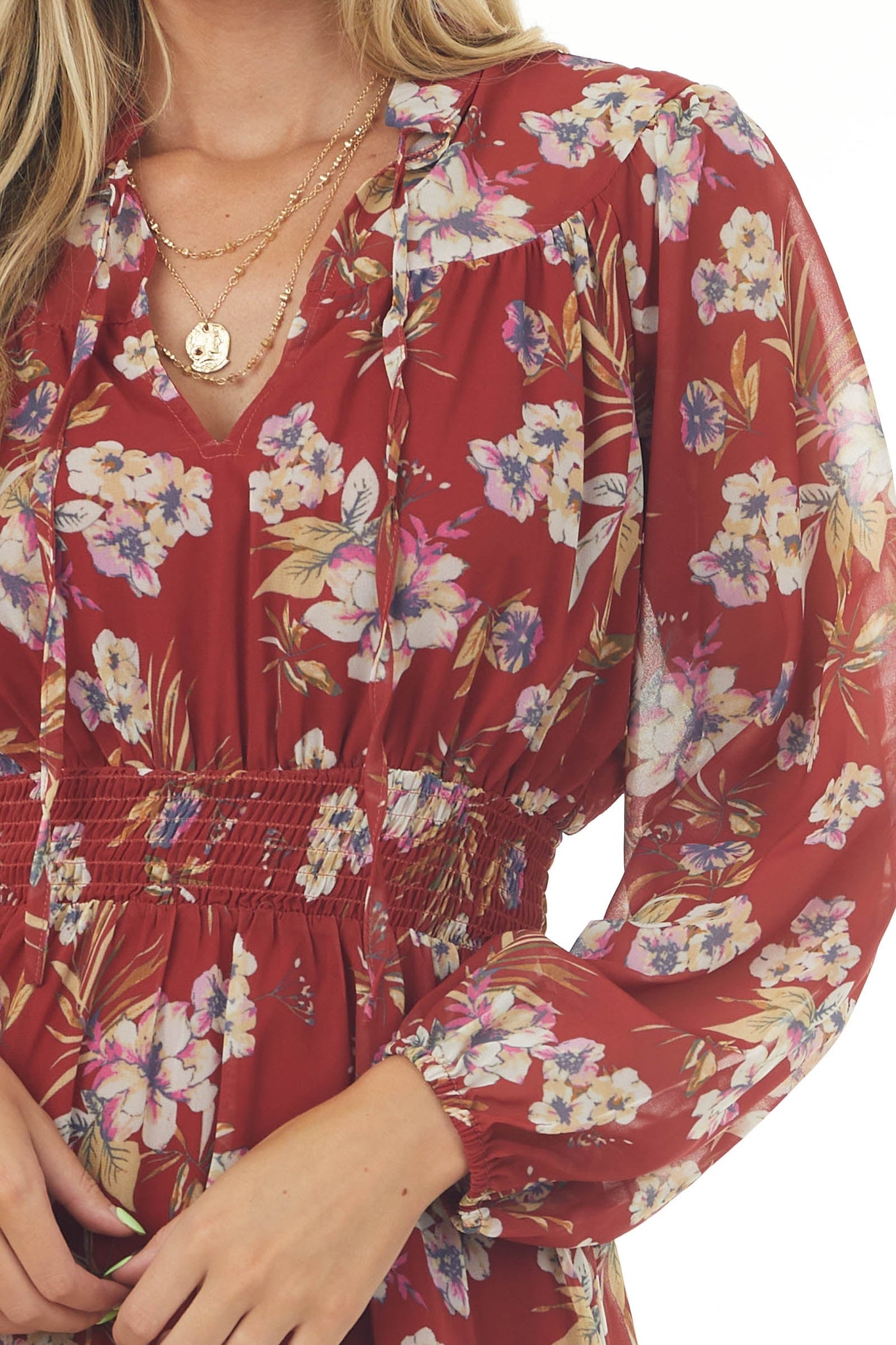Rust Floral Keyhole Front Bubble Sleeve Dress