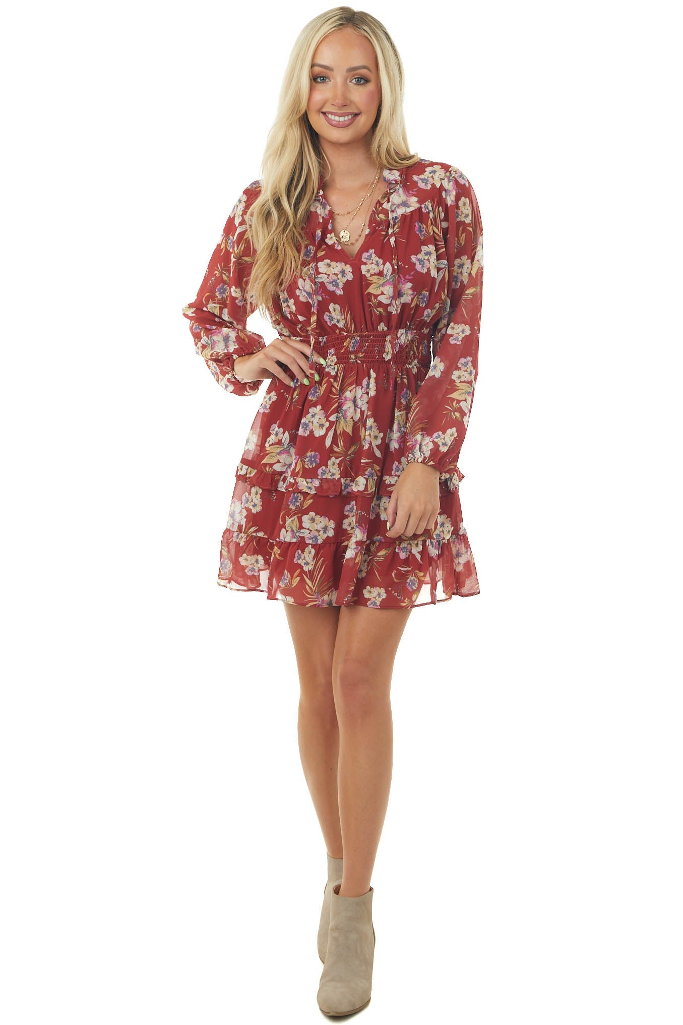 Rust Floral Keyhole Front Bubble Sleeve Dress