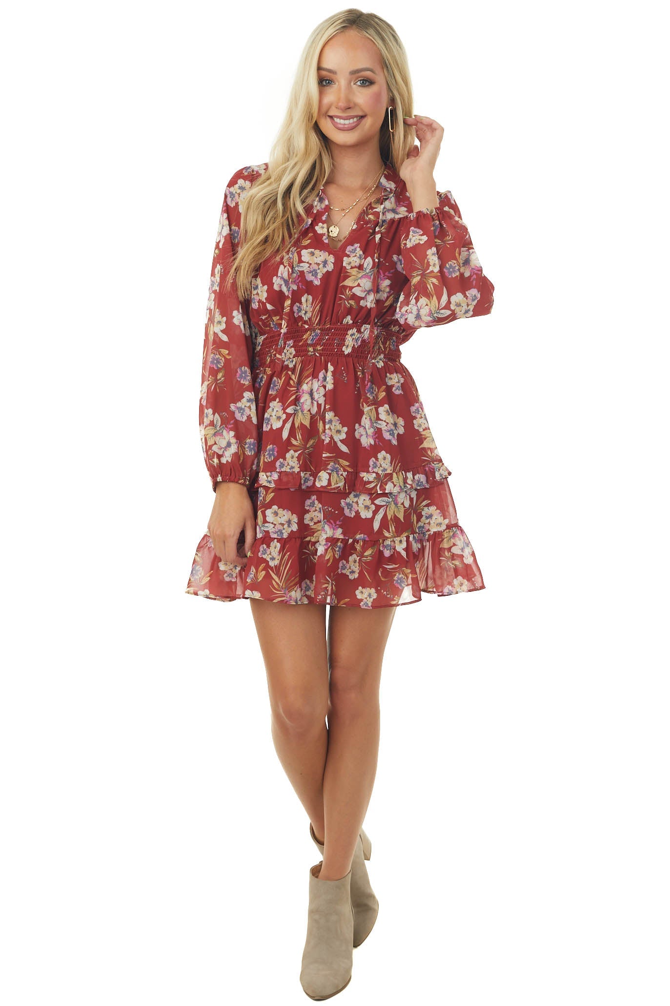 Rust Floral Keyhole Front Bubble Sleeve Dress