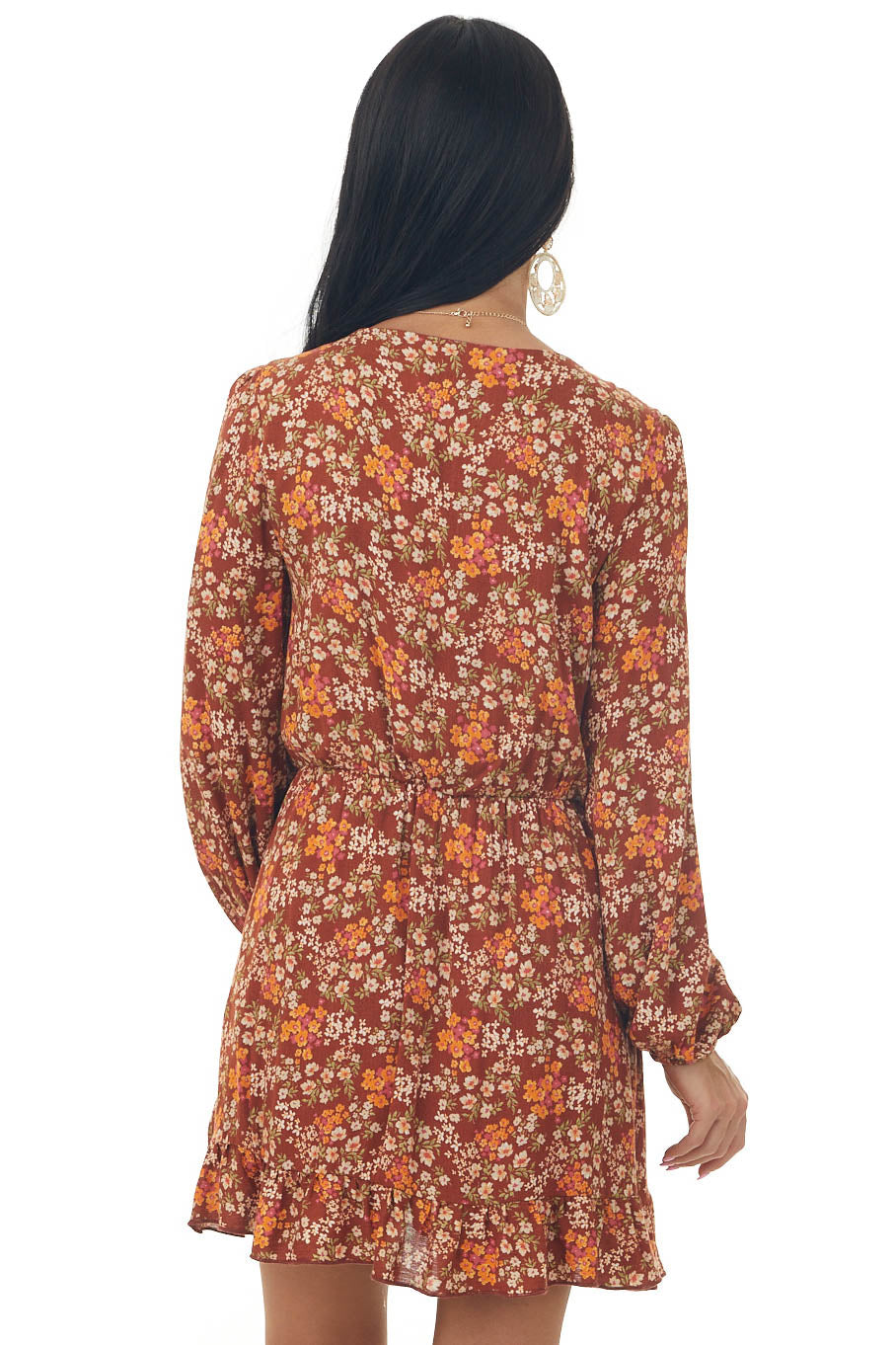Rust Floral Long Sleeve Mini Dress with Tie