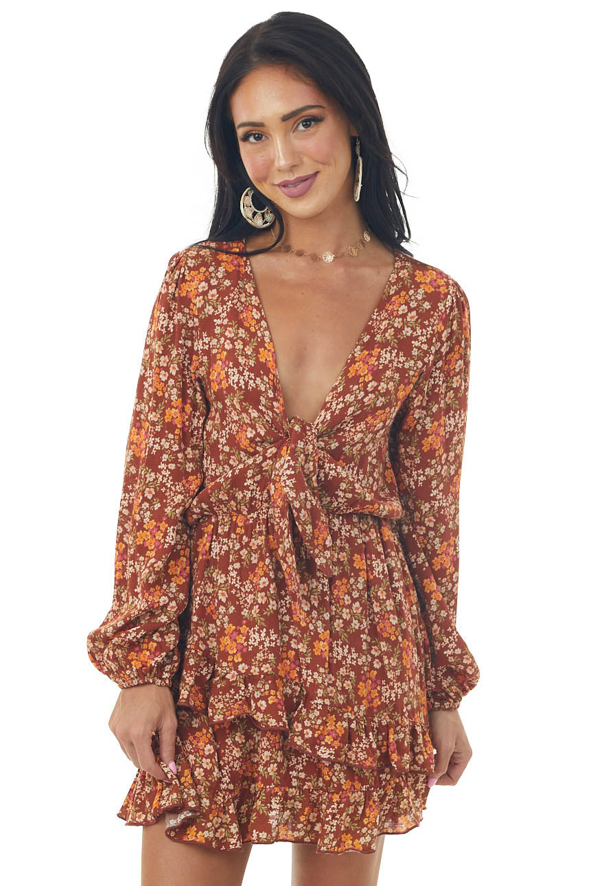 Rust Floral Long Sleeve Mini Dress with Tie