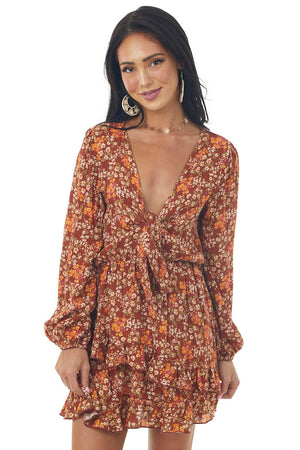 Rust Floral Long Sleeve Mini Dress with Tie