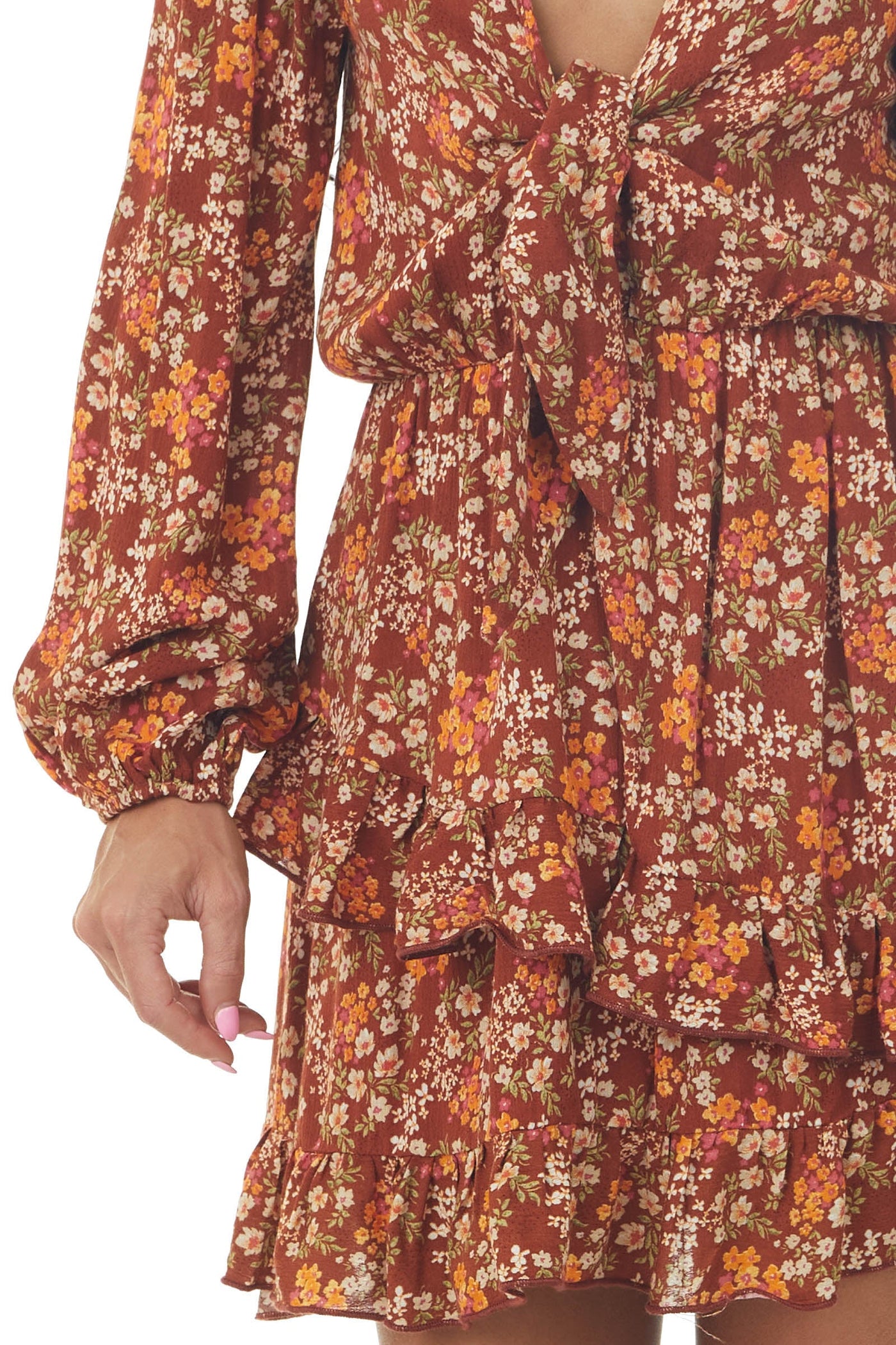Rust Floral Long Sleeve Mini Dress with Tie