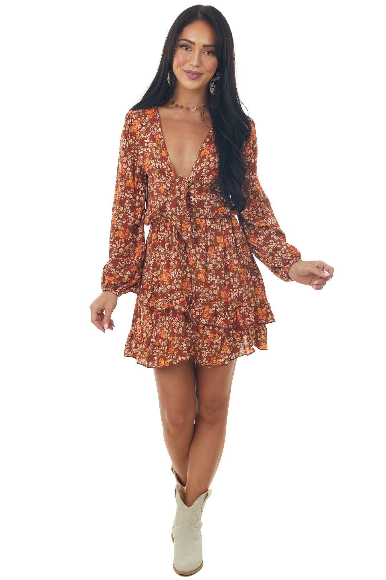 Rust Floral Long Sleeve Mini Dress with Tie