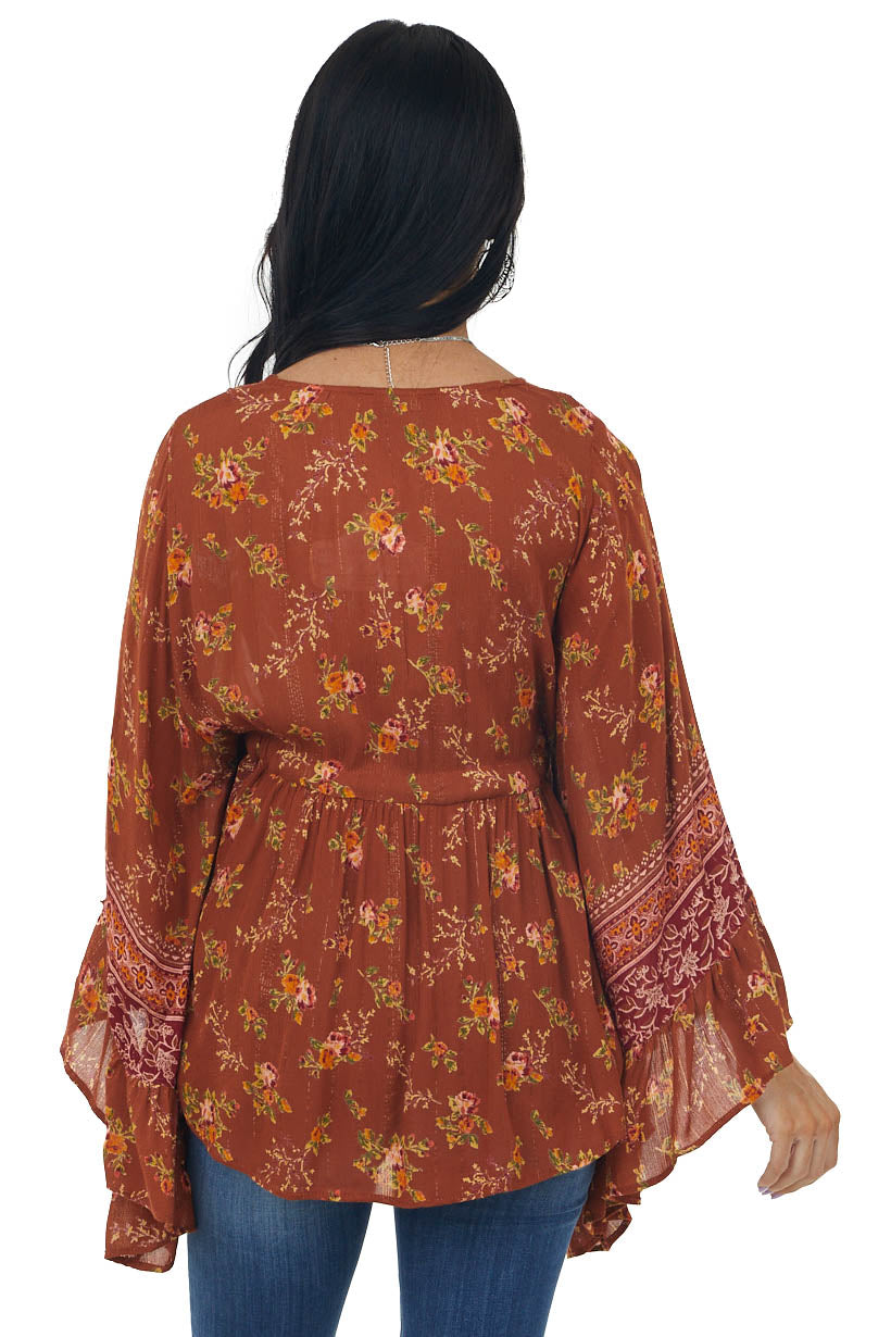 Rust Floral Print Lace V Neck Flare Sleeve Blouse