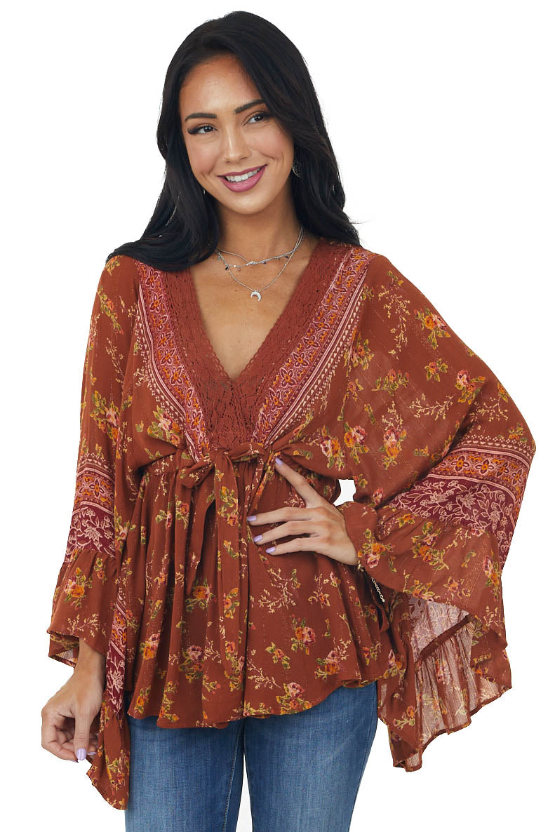 Rust Floral Print Lace V Neck Flare Sleeve Blouse