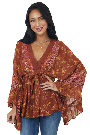 Rust Floral Print Lace V Neck Flare Sleeve Blouse