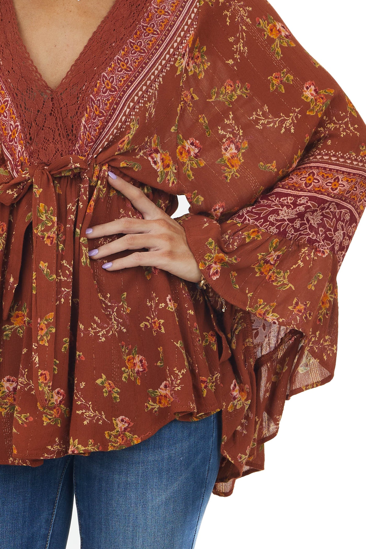 Rust Floral Print Lace V Neck Flare Sleeve Blouse