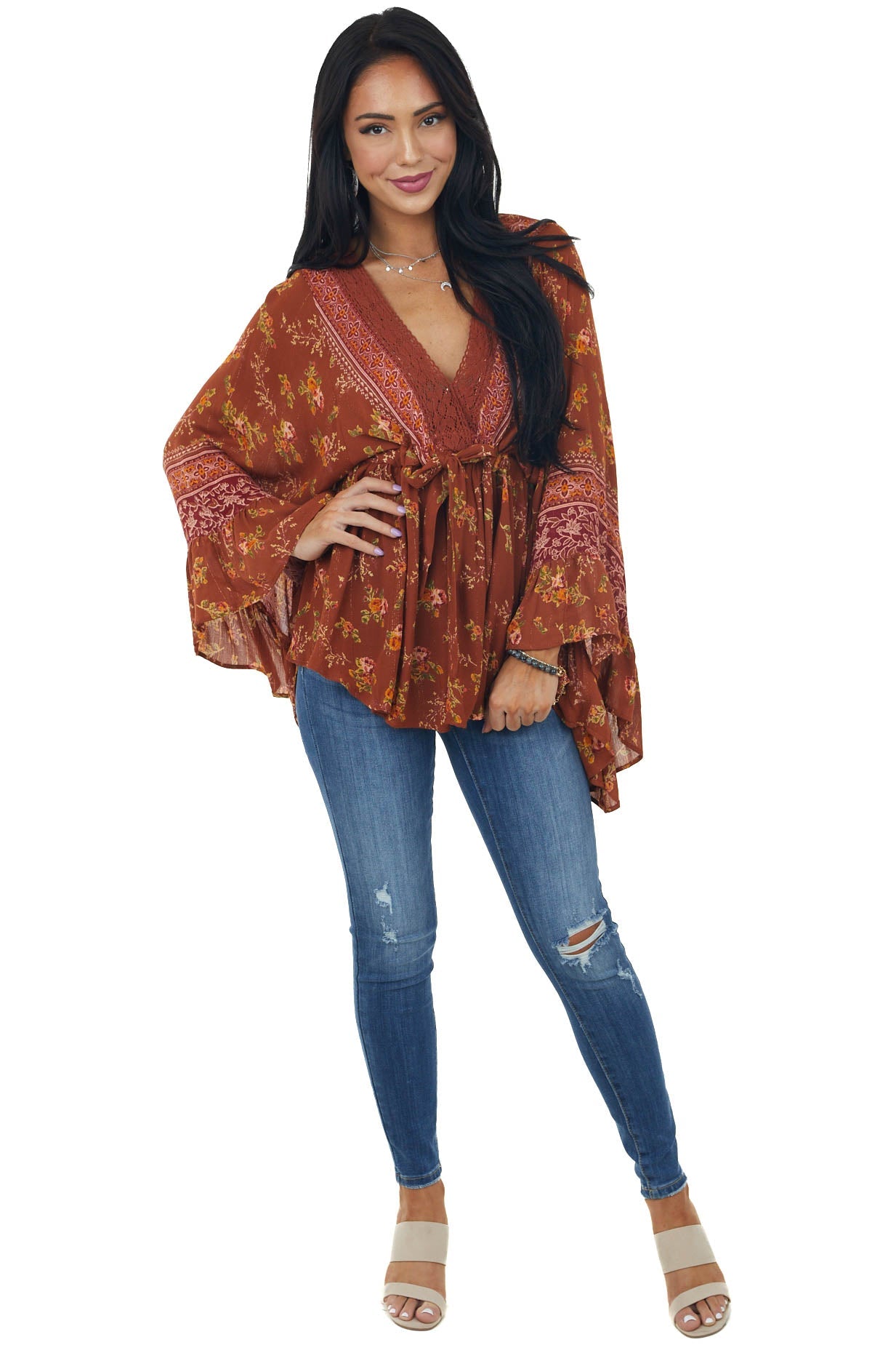 Rust Floral Print Lace V Neck Flare Sleeve Blouse