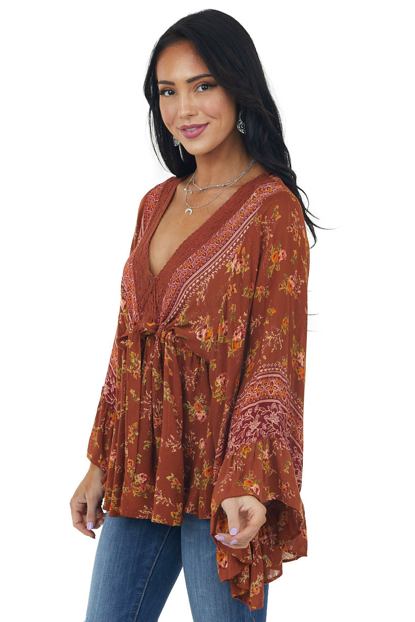 Rust Floral Print Lace V Neck Flare Sleeve Blouse