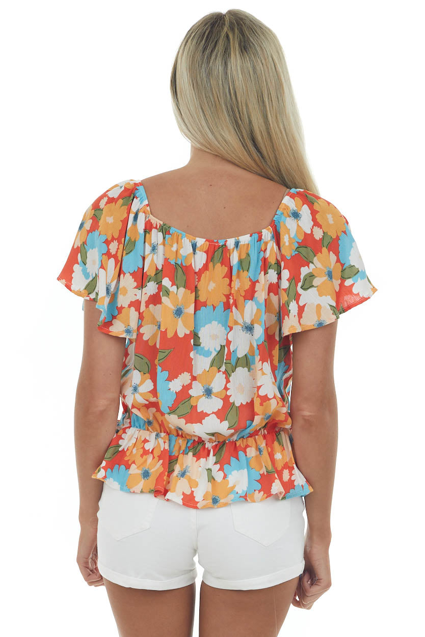 Rust Floral Print Ruched Front Short Sleeve Top