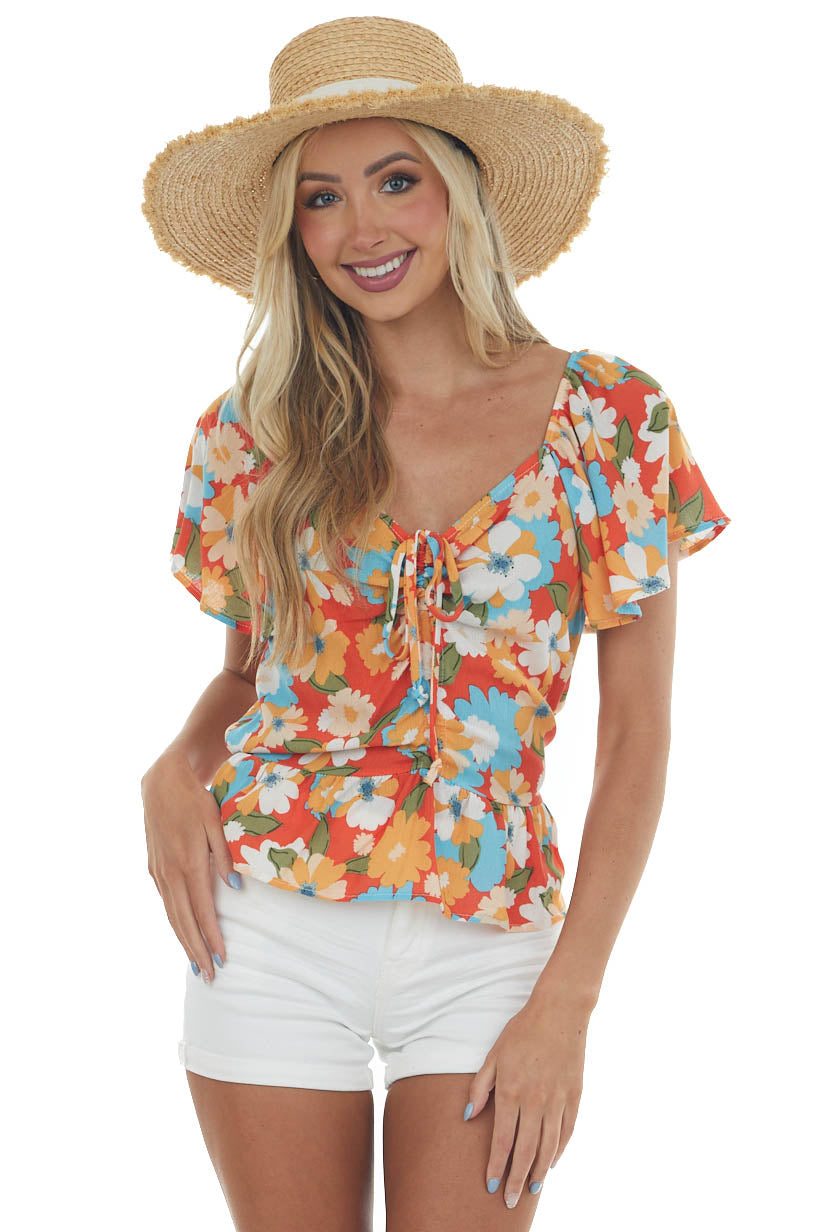 Rust Floral Print Ruched Front Short Sleeve Top