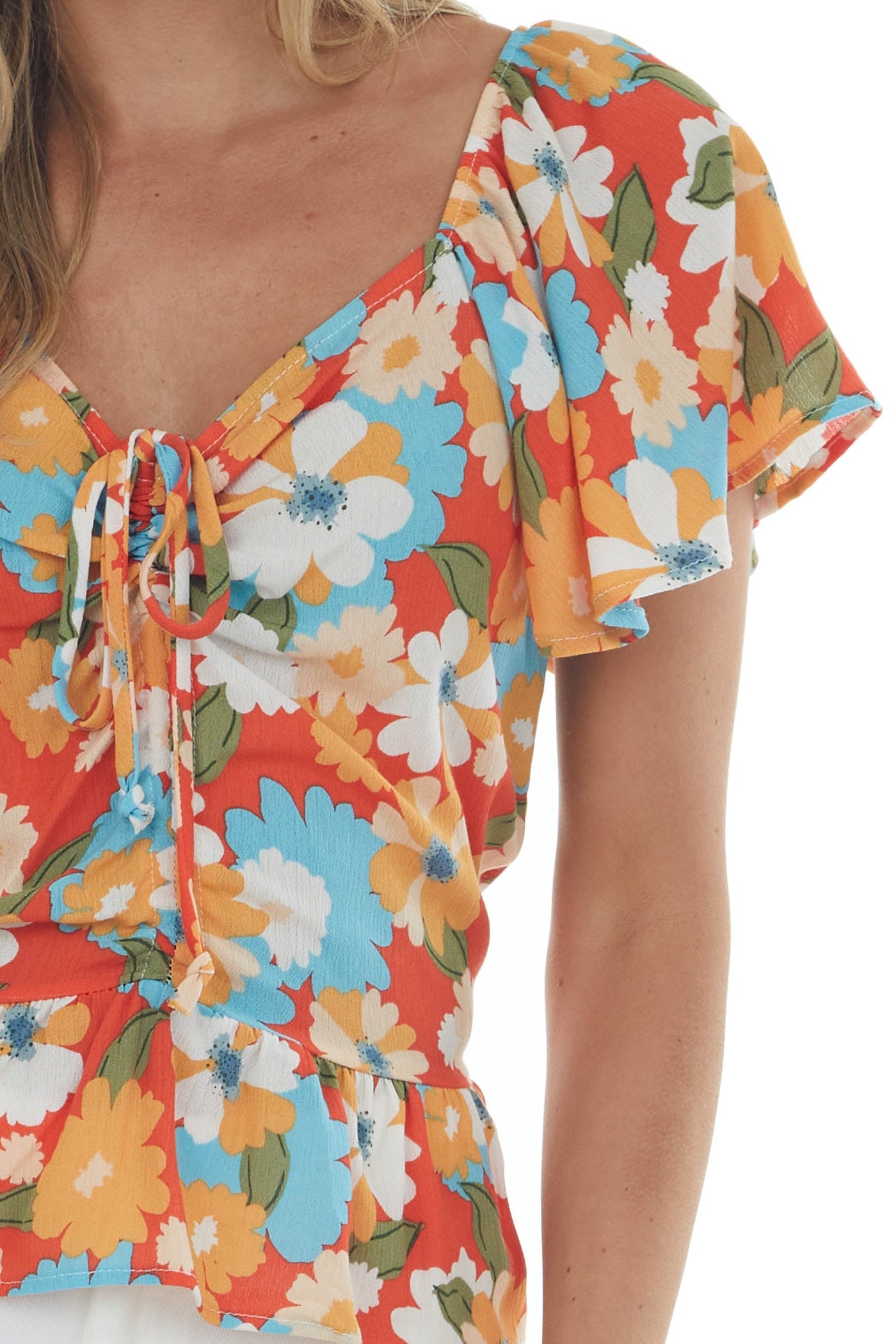 Rust Floral Print Ruched Front Short Sleeve Top