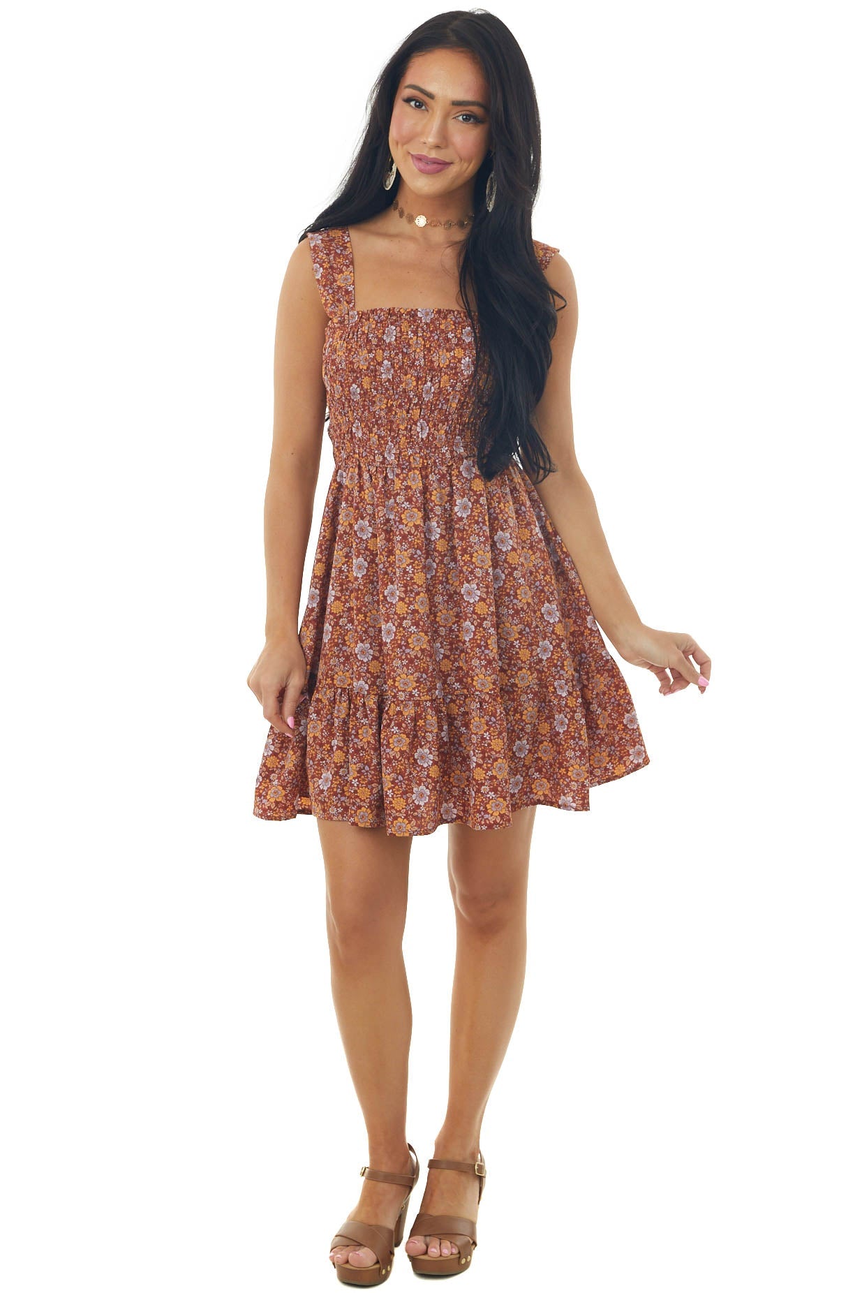 Rust Floral Print Smocked Sleeveless Mini Dress