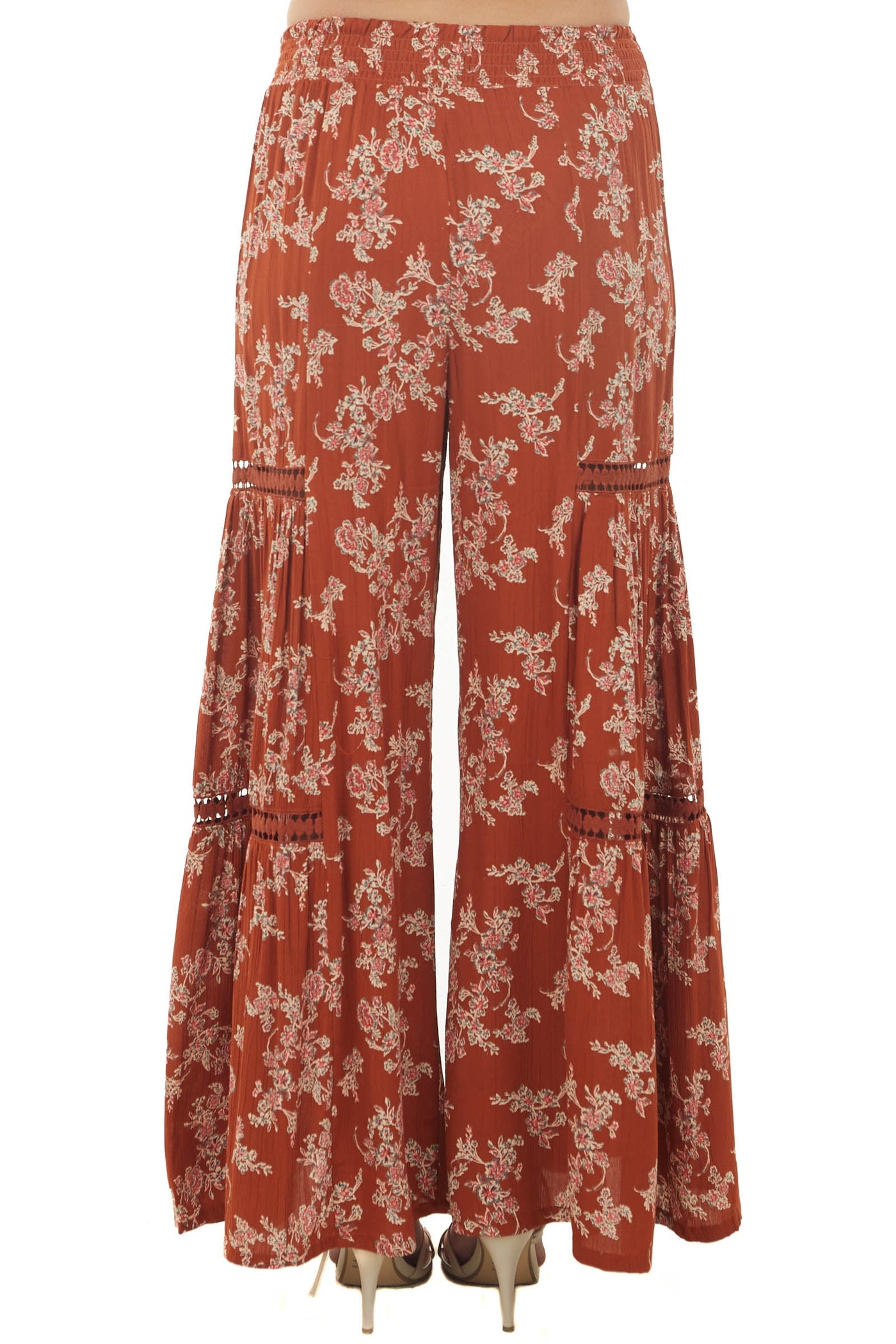 Rust Floral Smocked Waist Flowy Pants