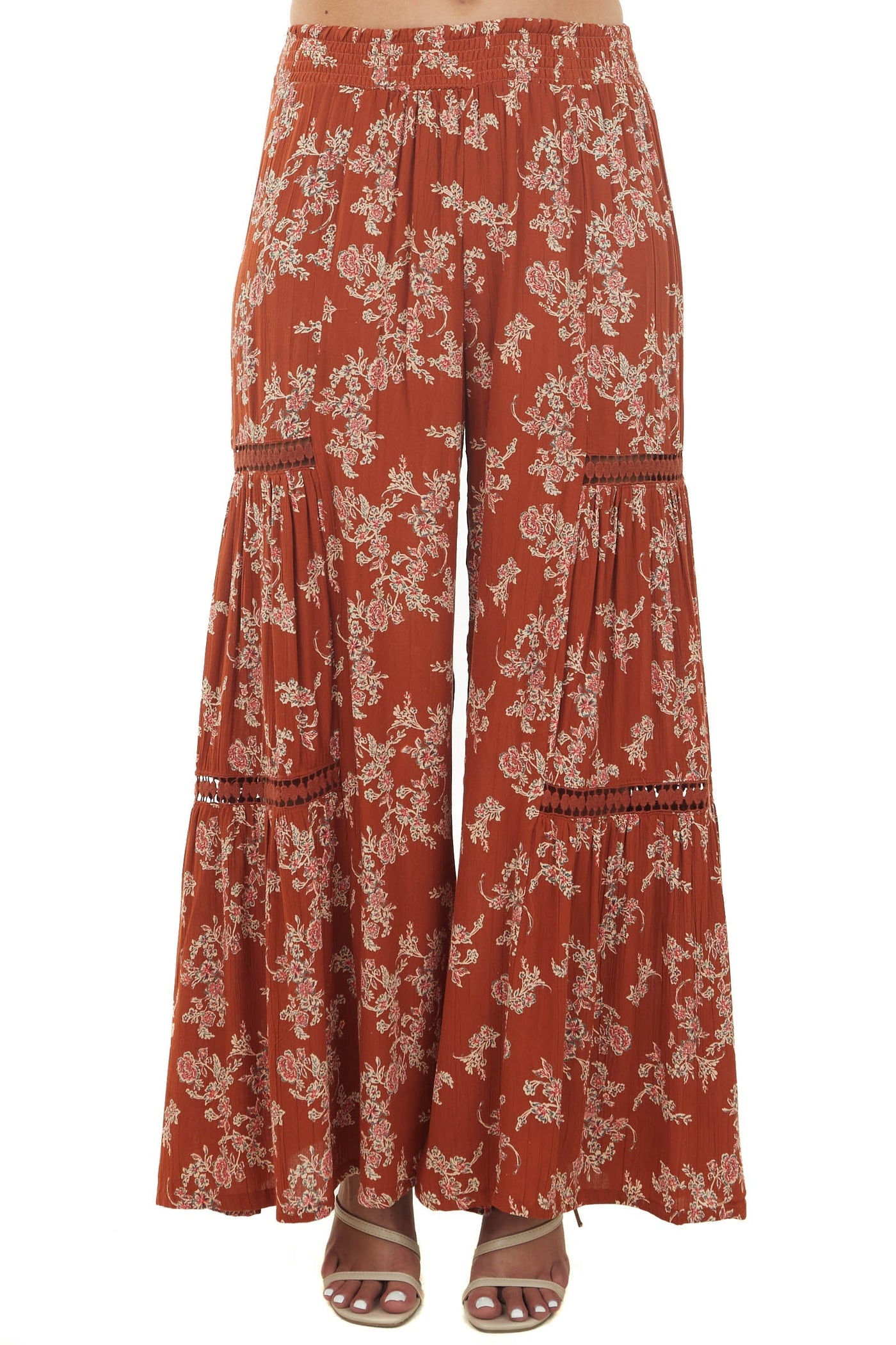 Rust Floral Smocked Waist Flowy Pants