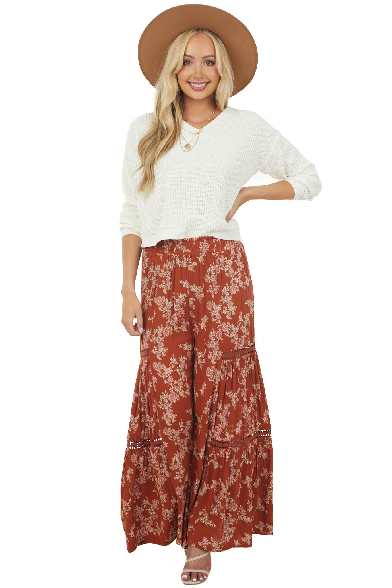 Rust Floral Smocked Waist Flowy Pants