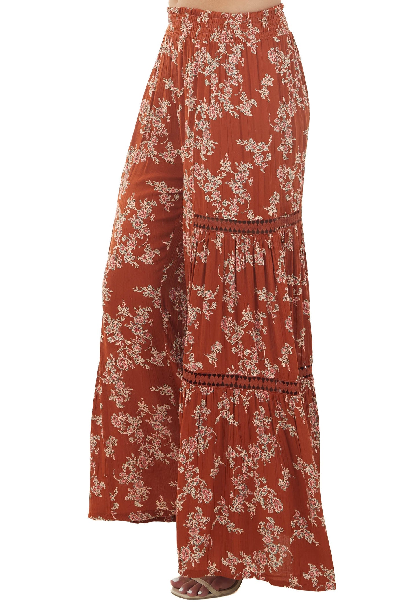 Rust Floral Smocked Waist Flowy Pants