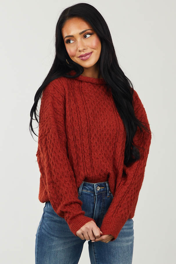 Rust Fuzzy Cable Knit Funnel Neck Sweater