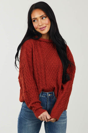 Rust Fuzzy Cable Knit Funnel Neck Sweater