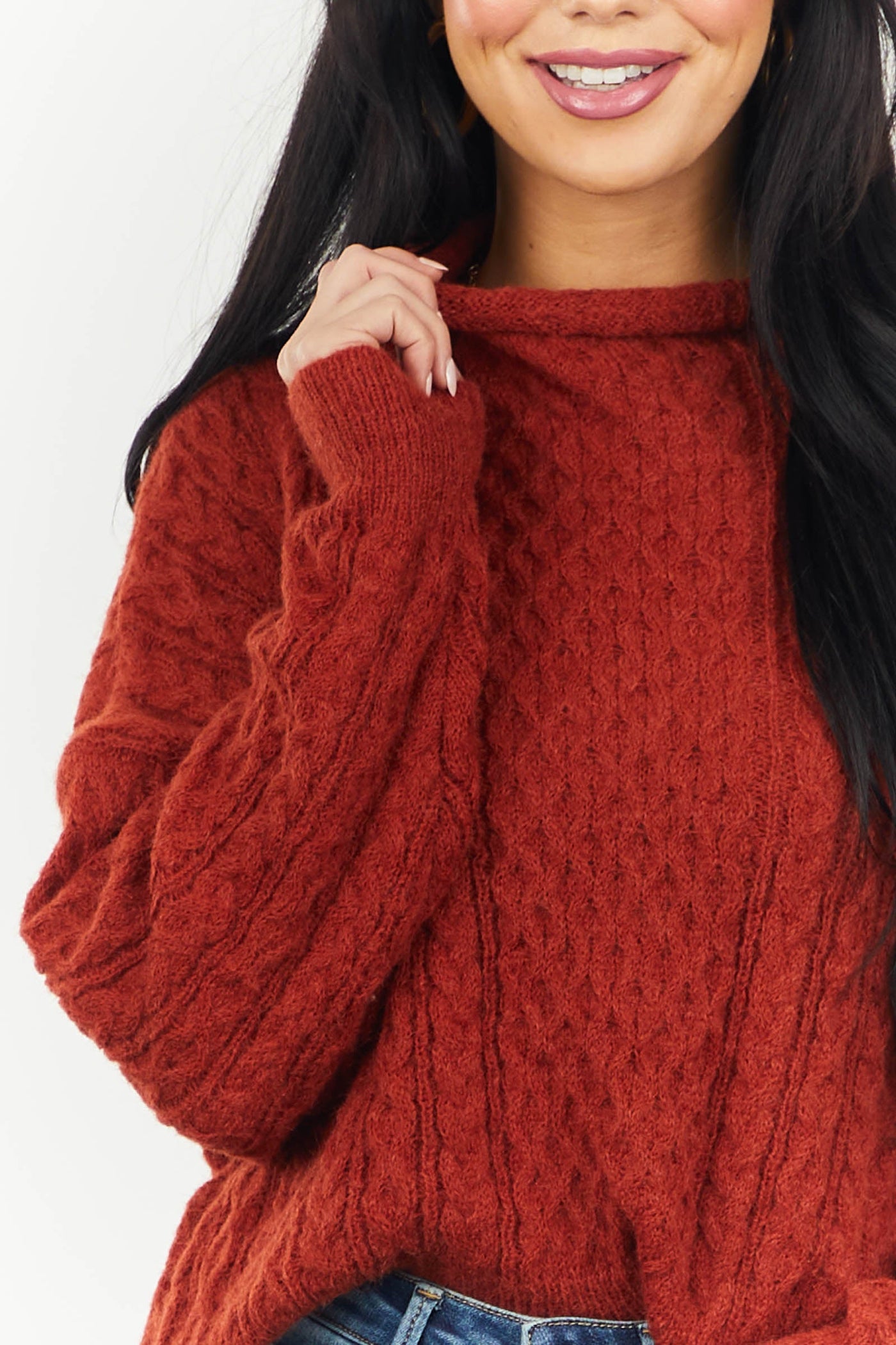 Rust Fuzzy Cable Knit Funnel Neck Sweater