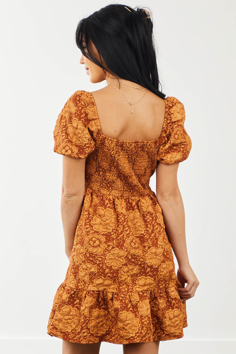 Rust Jacquard Floral Smocked Babydoll Mini Dress