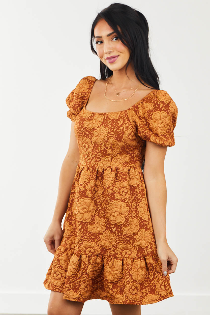 Rust Jacquard Floral Smocked Babydoll Mini Dress