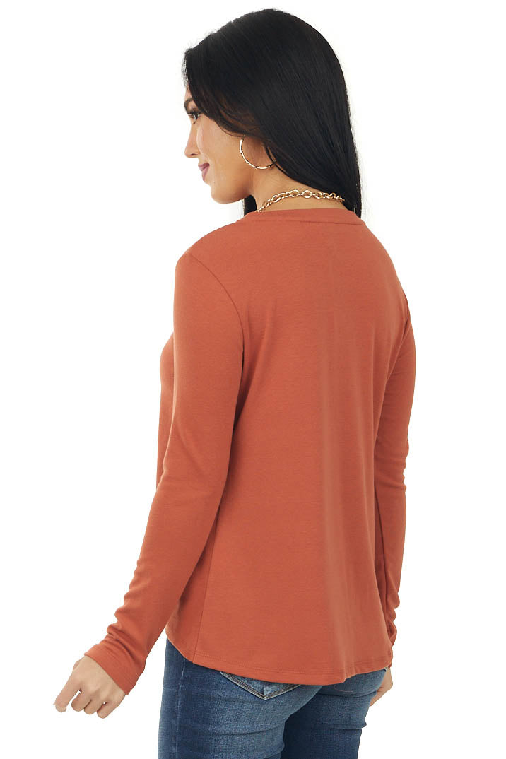 Rust Long Sleeve Knit Top with Twist Detail