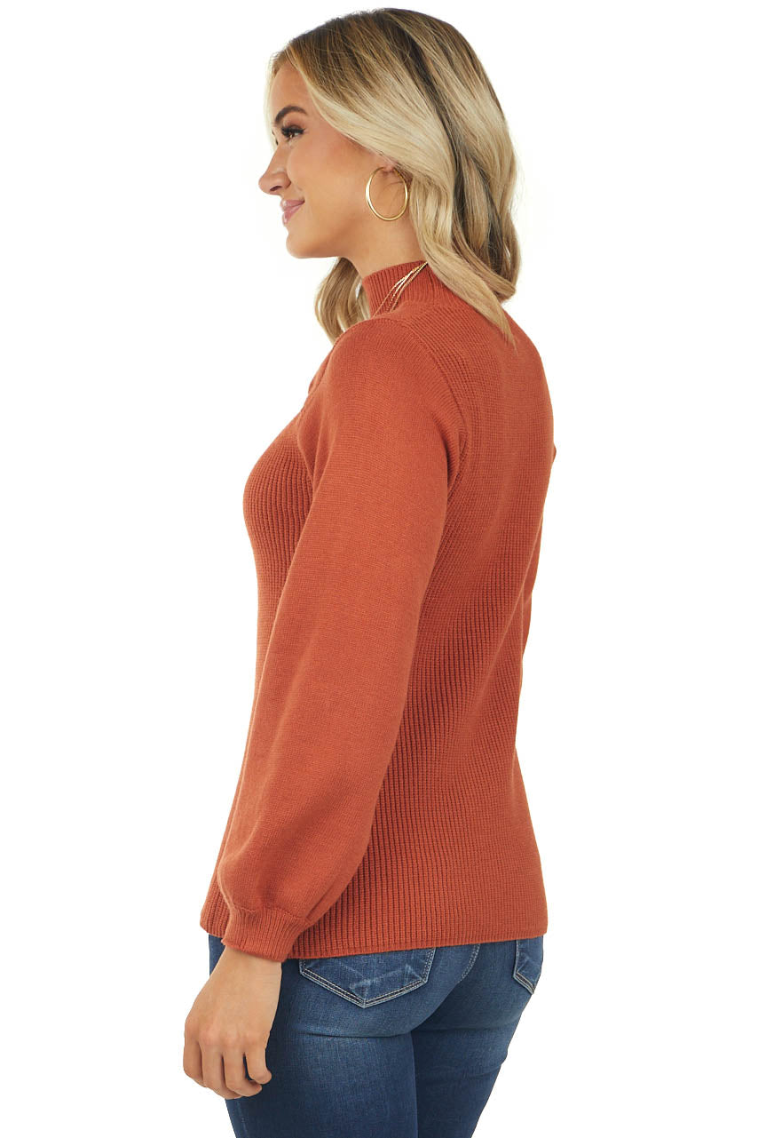Rust Mock Neck Chest Cut Out Ribbed Sweater