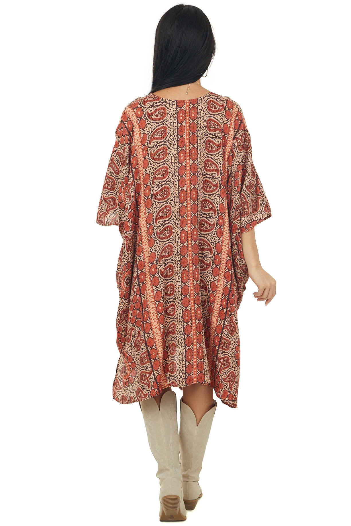 Rust Paisley Open Front Short Sleeve Kimono