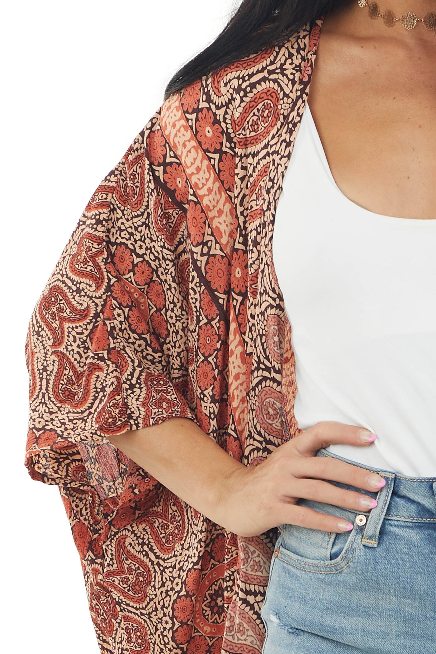 Rust Paisley Open Front Short Sleeve Kimono