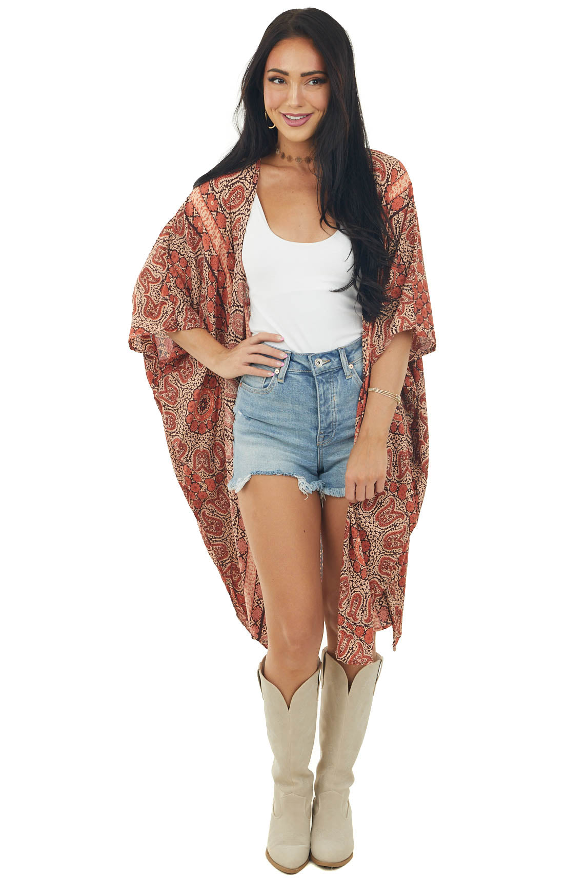 Rust Paisley Open Front Short Sleeve Kimono