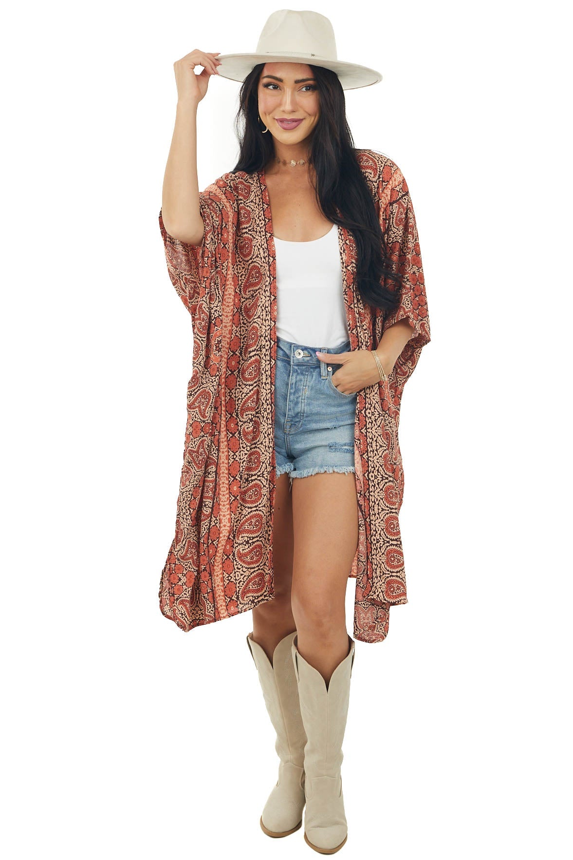 Rust Paisley Open Front Short Sleeve Kimono