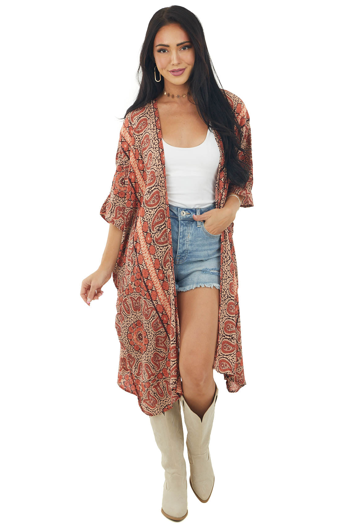 Rust Paisley Open Front Short Sleeve Kimono