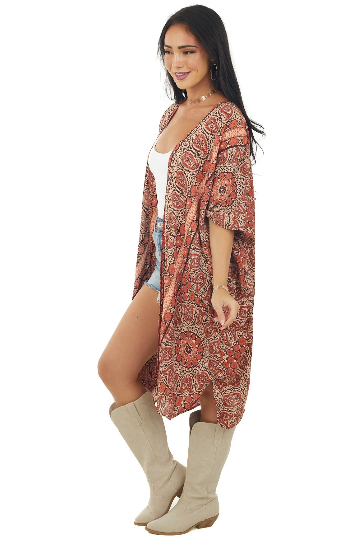 Rust Paisley Open Front Short Sleeve Kimono