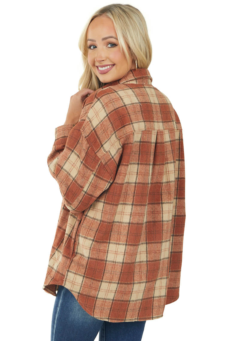 Rust Plaid Button Up Shacket with Side Pockets